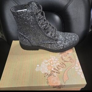 Size 7 Black Silver Combat Moto Boots Glitter Goth Streetwear Lace-up Grunge Zip